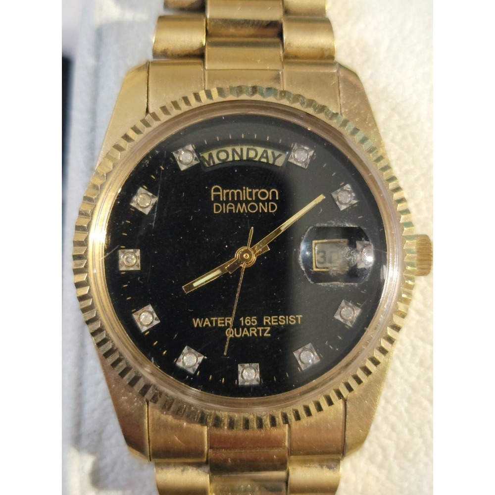 Armitron Diamond Watch Day Date Gold‎ Tone | NO BACK | Dead Battery